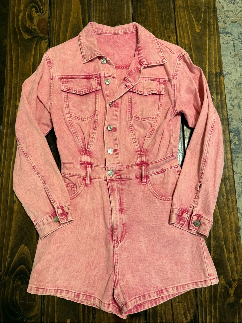 SHEIN Pink Washed Denim Button-Front Romper Jumpsuit